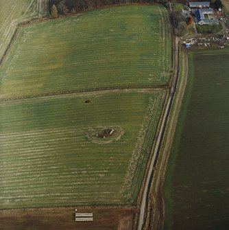 Oblique aerial view centred on the remains of the recumbent stone circle with the farmsteading adjacent, taken from the WSW.