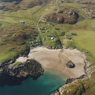 Oblique aerial view of Sorisdale centred on cottages, taken from the ESE.