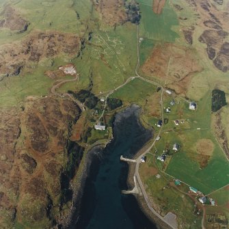 Oblique aerial view centred on Port Mor and the remains of the township with the chapel adjacent, taken from the SSE.
