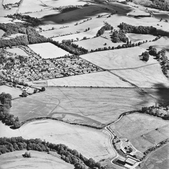 Dalginross, oblique aerial view, taken from the WNW, centred on the cropmarks of the Roman Temporary camp. The Roman fort is visible in the centre left of the photograph.