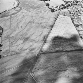 Dalginross, oblique aerial view, taken from the SSE, centred on the cropmarks of the Roman Temporary camp. The S corner of the Roman fort is visible in the top half of the photograph.