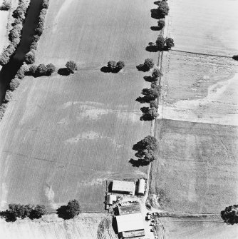 Strageath Mains, oblique aerial view, taken from the W, centred on cropmarks of pits, rig and field boundaries. Further cropmarks are visible in the right half of the photograph.