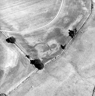 Monzie, oblique aerial view, taken from the WSW, centred on the cropmarks of a palisaded settlement. Cropmarks of a barrow are visible in the top half of the photograph.