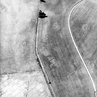 Monzie, oblique aerial view, taken from the ESE, centred on the cropmarks of a barrow, possible ring-ditch and moated site.