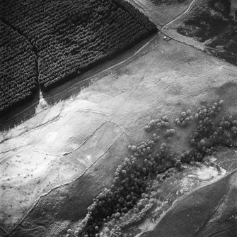 Oblique aerial view centred on the remains of buildings, field system, rig and trackways, taken from the E.