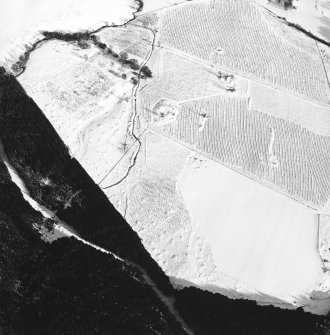 Oblique aerial view centred on the remains of the homestead and field-system, with the remains of the hut-circle, homestead, and building adjacent, taken from the W.