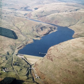 General oblique aerial view of the Lower Glendevon reservoir and dam with the Upper Glendevon reservoir beyond, taken from the ESE.