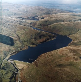 General oblique aerial view of the Lower Glendevon reservoir and dam with the Upper Glendevon reservoir beyond, taken from the E.