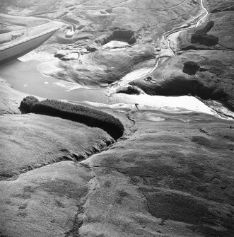 General oblique aerial view centred on the remains of the farmstead and sheepfold with another farmstead, enclosures and quarry adjacent, taken during low water levels from the NW.