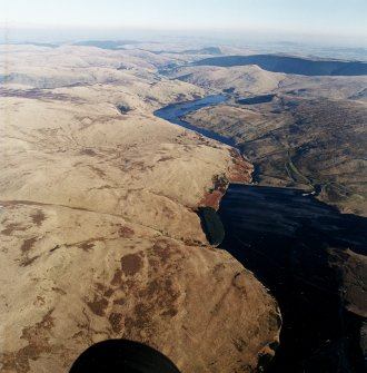 General oblique aerial view looking across the upper and lower reservoirs, taken from the W.