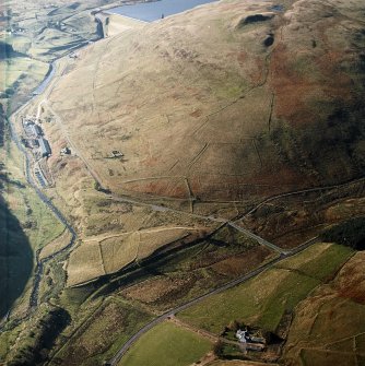 Oblique aerial view centred on the remains of the farmstead, sheepfold, rig and field-system with trackways and plantation bank adjacent, taken from the ENE.