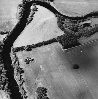 Oblique aerial view centred on the remains of the castle and cropmarks of the possible garden and pit-alignment, taken from the E.