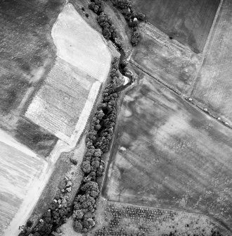 Oblique aerial view centred on the cropmarks of the possible enclosure, enclosure and enclosed cremation cemetery, taken from the SW.