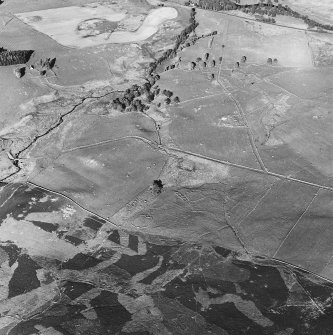 Glen Fender, oblique aerial view, taken from the WNW, centred on the remains of a township. Footings of two buildings and a hut, and a field-system, are visible along the bottom edge of the photograph. Remains of a farmstead, buildings and township are visible in the top half.