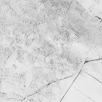 Ballinreigh, Glen Fender, oblique aerial view, taken from the S, centred on the snow-covered footings of a building.