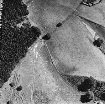 Cuil-an-Daraich, oblique aerial view, taken from the NW, centred on the cropmark of an enclosure. A palisaded enclosure is visible in the bottom right-hand corner of the photograph.