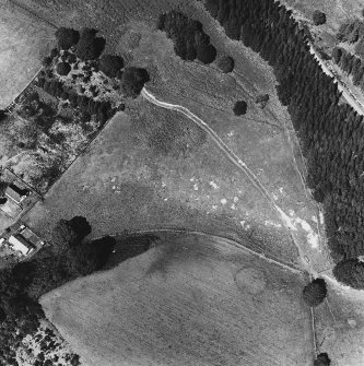 Cuil-an-Daraich, oblique aerial view, taken from the SSE, showing the cropmarks of an enclosure and part of a palisaded enclosure in the bottom half of the photograph.