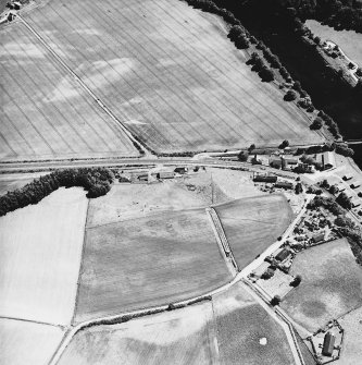 Logierait, oblique aerial view taken from the N, centred on the cropmarks of a souterrain, roundhouses, pits and a fort.
