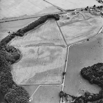 Oblique aerial view centred on the site of the castle, the cropmarks of the fort, rig and the enclosures taken from the NNE.