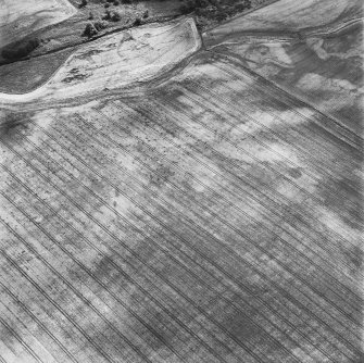 Leadketty, oblique aerial view, taken from the NW, centred on the cropmark of a large circular enclosure, and traces of an unenclosed settlement. Parts of a second, smaller enclosure are visible in the centre left of the photograph.