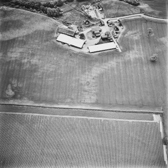 Leadketty, oblique aerial view, taken from the NNW, centred on the cropmarks of a possible henge, ring-ditches and pits. The cropmarks of two enclosures and pits are visible in the top half of the photograph.