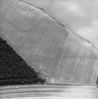 Oblique aerial view centred on the cropmarks of the enclosures, taken from the NW.