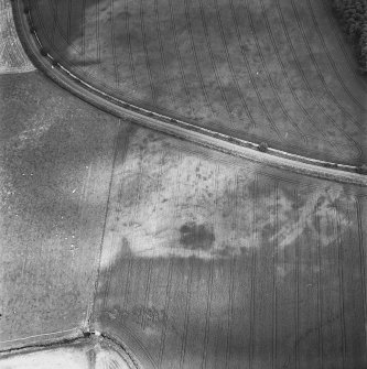 Green of Invermay, oblique aerial view, taken from the SW, centred on the cropmarks of a palisaded enclosure, ring-ditch and pits. Further pits and a ring-ditch are visible in the top half of the photograph.