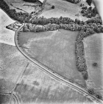 Green of Invermay, oblique aerial view, taken from the SW, centred on the cropmarks of a palisaded enclosure, pits, enclosures, rig, a possible ring-ditch and pit-alignment. Invermay House dovecot and North Lodge, Green of Invermay House and Mijas Cottage are visible in the top left-hand of the photograph.