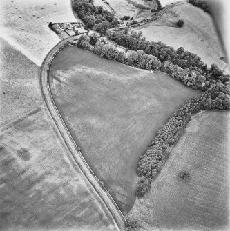 Green of Invermay, oblique aerial view, taken from the SSW, centred on the cropmarks of a palisaded enclosure, pits, enclosures, rig, a possible ring-ditch and pit-alignment. Invermay House dovecot and North Lodge, Green of Invermay House and Mijas Cottage are visible in the top centre half of the photograph.