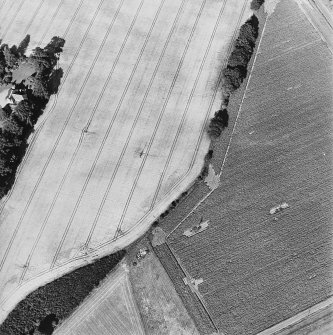 Oblique aerial view of Inverdunning House centred on the cropmarks of an enclosure, linear cropmarks and pits with ring-ditch and country house adjacent, taken from the SW.