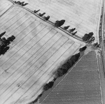 Oblique aerial view of Inverdunning House centred on the cropmarks of a ring-ditch with enclosure adjacent, taken from the SSW.