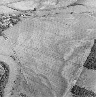 Oblique aerial view centred on the cropmarks of enclosures, henges, ring-ditches, a pit-enclosure and barrows, taken from the SSW.