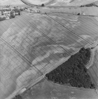 Oblique aerial view centred on the cropmarks of enclosures, henges, ring-ditches, a pit-enclosure and barrows, taken from the SSE.