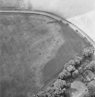 Green of Invermay, oblique aerial view, taken from the NE, centred on the cropmark of a ring-ditch. Parts of a possible pit-alignment are visible in the bottom half of the photograph, and further pits can be seen in the top left-hand corner.