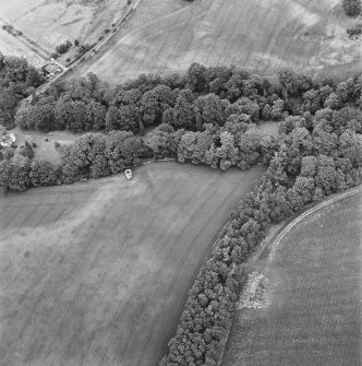 Green of Invermay, oblique aerial view, taken from the SW, centred on the cropmark of an enclosure, and Invermay House dovecot. Parts of a pit-alignment are visible as cropmarks in the centre left of the photograph.