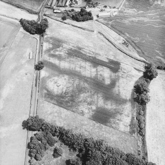 Millhaugh, oblique aerial view, taken from the WSW, centred on a field containing cropmarks including those of an enclosure, ring-ditch, pits and rig.