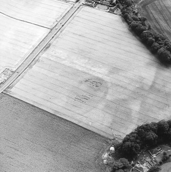 Oblique aerial view of Huntingtower Haugh centred on the cropmarks of an enclosure with cropmarks, rig, palisaded enclosure and Roman road adjacent, taken from the NE.