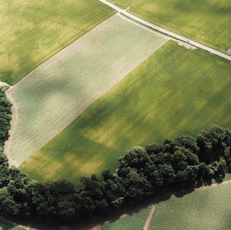 Oblique aerial view centred on the cropmarks of an enclosure and rig with Roman Road, linear cropmarks and pits adjacent, taken from the NW.