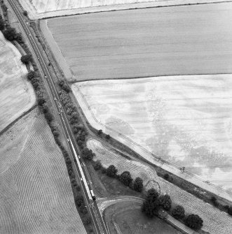 Oblique aerial view centred on the cropmarks of the palisaded enclosure, souterrain and pit-alignments, taken from the S.