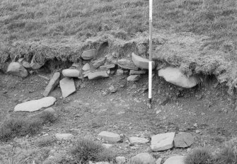 View of exposure of tumbled masonry at foot of terrace on south side of knoll