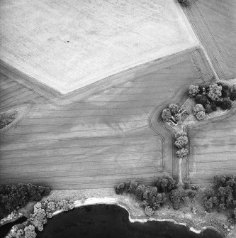 Orwell, oblique aerial view, taken from the SW, centred on the cropmarks of a rectilinear enclosure and a possible enclosure. Orwell Old Parish Church and Manse are visible in the centre right half of the photograph.