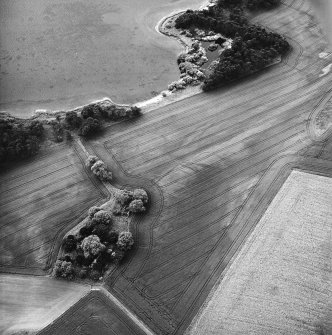 Orwell, oblique aerial view, taken from the ENE, centred on the cropmarks of a rectilinear enclosure and a possible enclosure. Orwell Old Parish Church and Manse are visible in the bottom left-hand corner of the photograph.