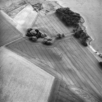 Orwell, oblique aerial view, taken from the NNW, centred on the cropmarks of a rectilinear enclosure and a possible enclosure. Orwell Old Parish Church and Manse are visible in the top centre half of the photograph.