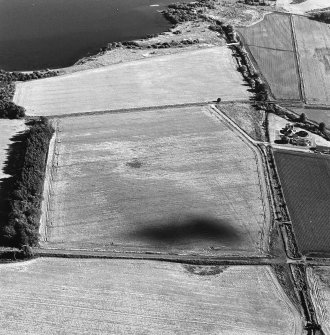 Oblique aerial view centred on the cropmarks of a cursus, taken from the NNW.