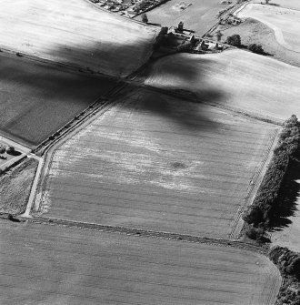 Oblique aerial view centred on the cropmarks of a cursus, taken from the SE.