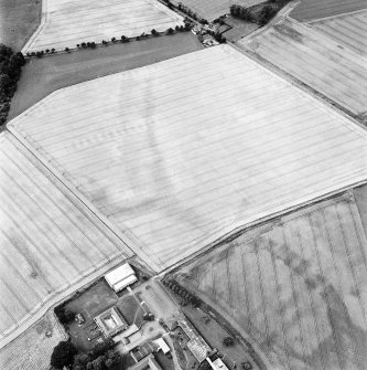 Oblique aerial view centred on the cropmarks of the possible enclosure, souterrain and ring-ditch with the stable block adjacent, taken from the NE.