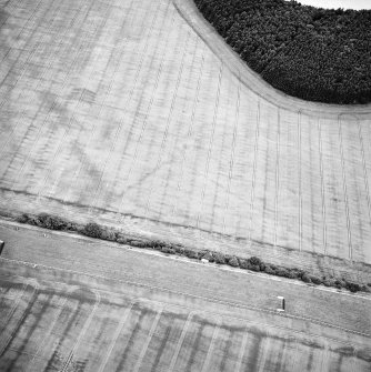 Scone Park, oblique aerial view, taken from the SSE, centred on the cropmarks of the N angle of the Roman Temporary Camp. Perth Hunt Race Course is visible in the bottom half of the photograph.