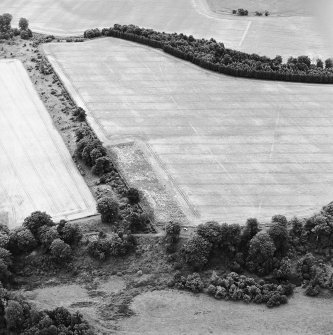 Oblique aerial view centred on the cropmarks of the Roman Temporary Camp and the linear cropmark, taken from the NNW.