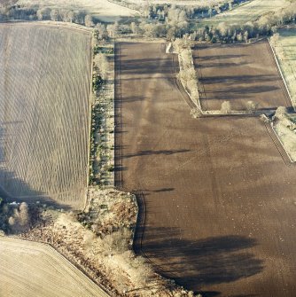 Oblique aerial view centred on the soilmark of the linear earthwork, taken from the SE.