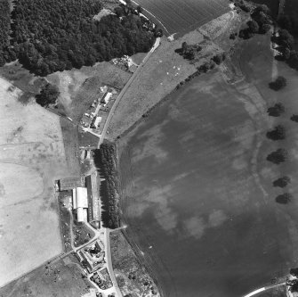 Ballathie and Cargill Viaduct, oblique aerial view, taken from the W, showing the cropmarks of a group of pits across the centre of the photograph, and Cargill viaduct in the top right-hand corner. A dismantled railway is visible as a cropmark along the right edge.